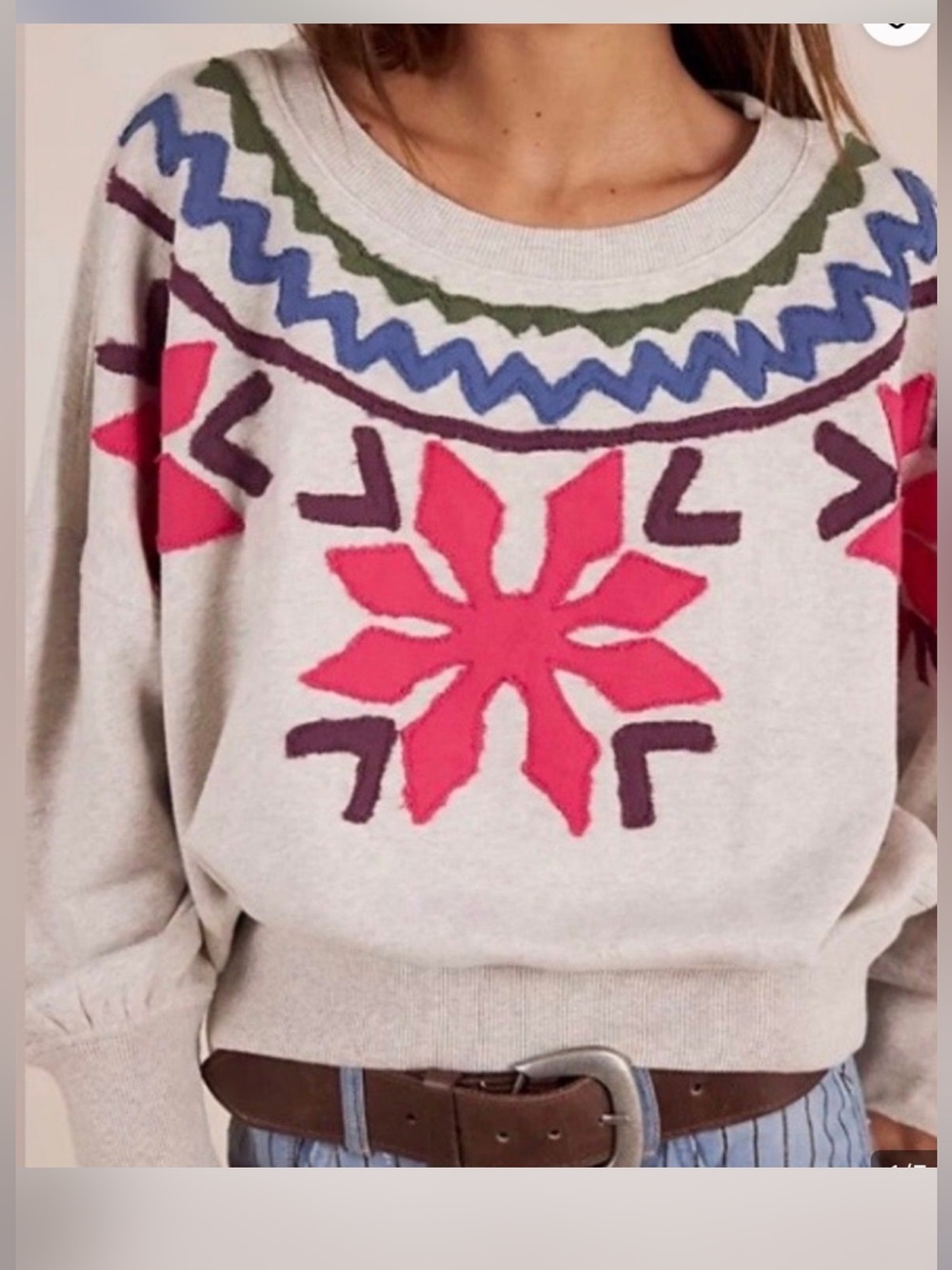 New  Free People Boat Neck
Sweater Cream Fair Isle Sweater with Pink Star